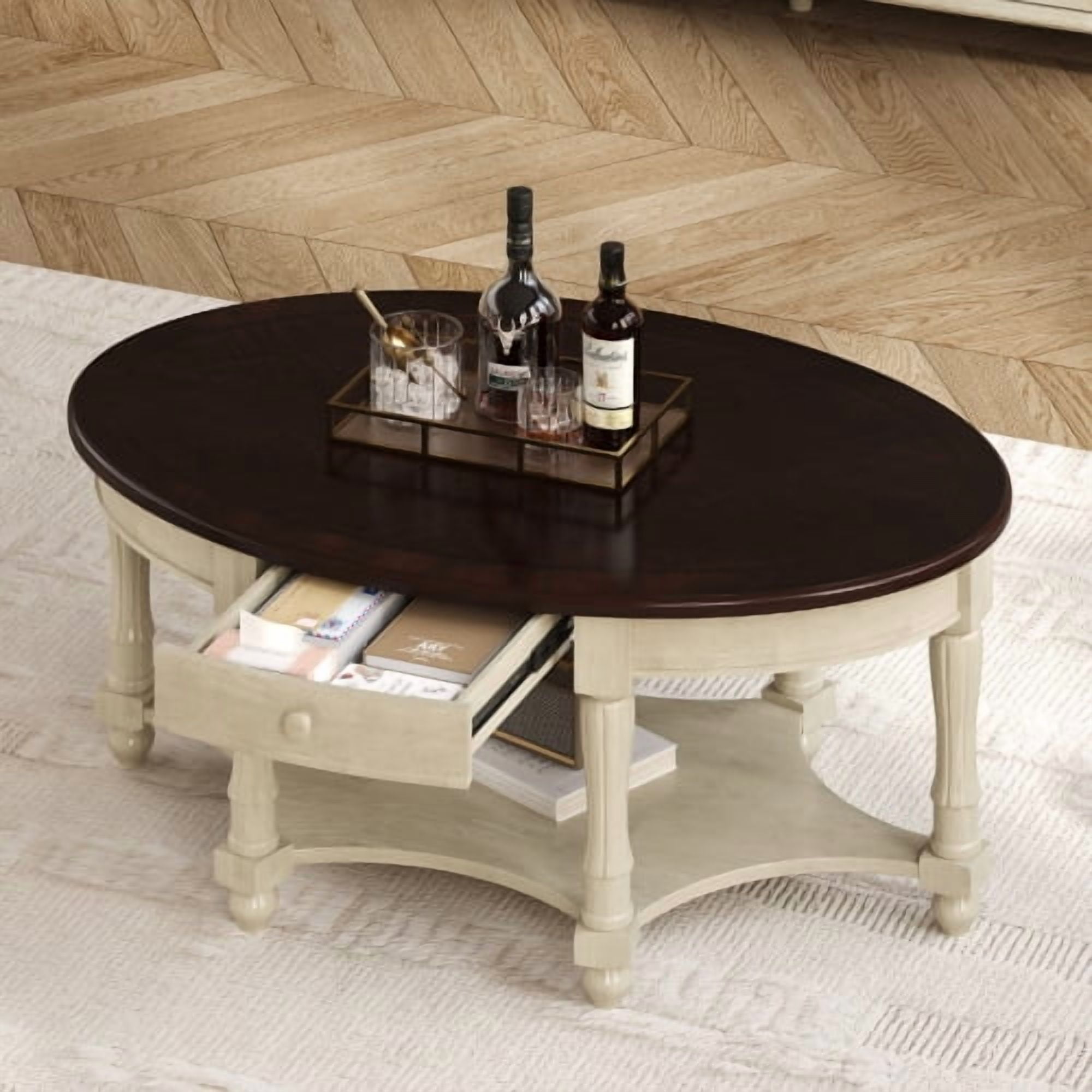Vintage Oval Coffee Table with Drawer and Storage Shelf, Antique Cocktail Table in 45", French Country Accent Table for Living Room,Beige and Cherry