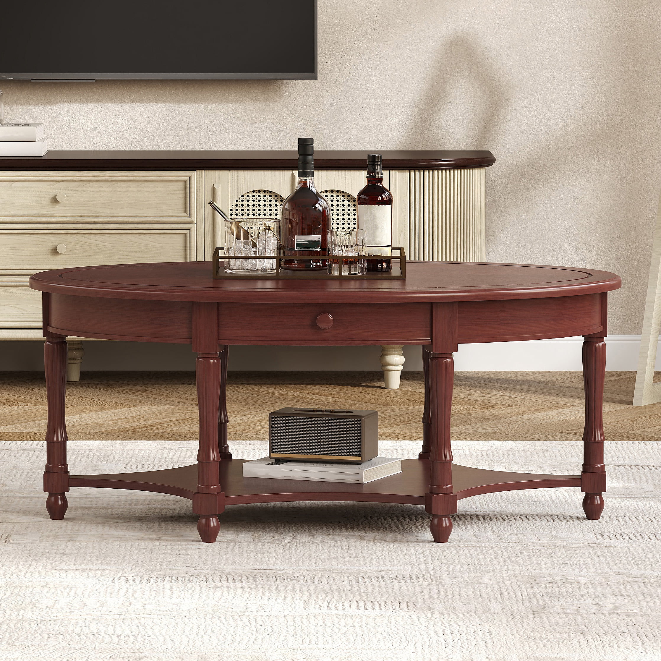 Vintage Oval Coffee Table with Drawer and Storage Shelf, Antique Cocktail Table in 45", French Country Accent Table for Living Room, Cherry
