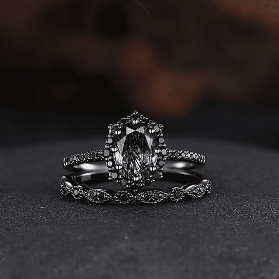 Vintage Oval Cut Black Rutilated Quartz Engagement Ring Set- 14K Black Gold Vermeil- Art Deco Wedding Bridal Ring Set