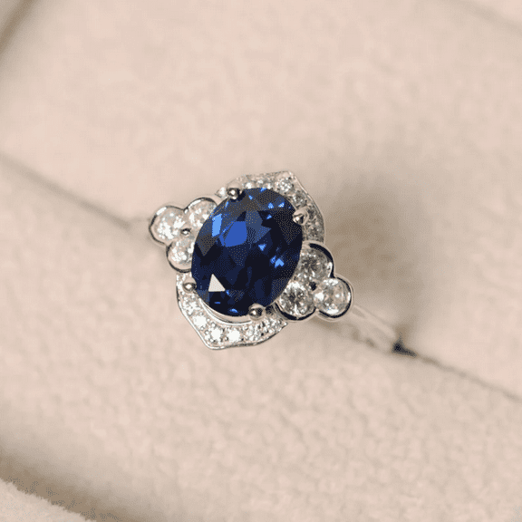 Vintage Oval Cut Blue Sapphire & Diamond Engagement Ring in 925 Sterling Silver - Anniversary Ring - September Birthstone