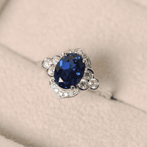 Vintage Oval Cut Blue Sapphire & Diamond Engagement Ring in 925 Sterling Silver - Anniversary Ring - September Birthstone