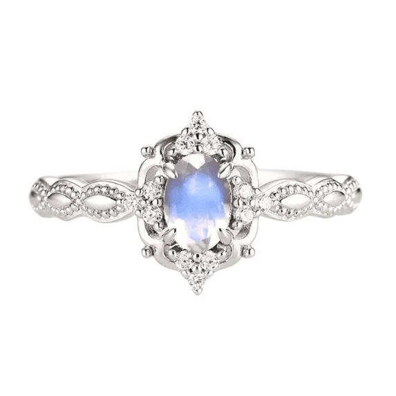 Vintage Oval Cut Moonstone & White Diamond Wedding Ring in 925 Sterling Silver - june Birthstone - Birthday Gift For Her