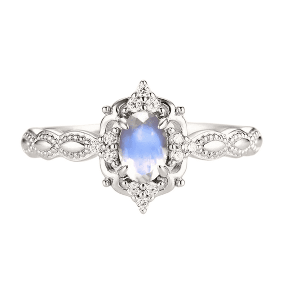 Vintage Oval Cut Moonstone & White Diamond Wedding Ring in 925 Sterling Silver - june Birthstone - Birthday Gift For Her