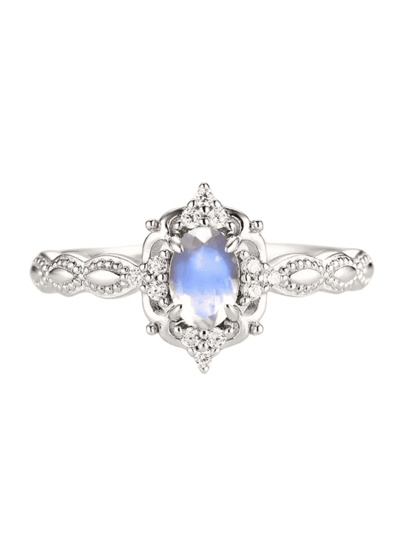 Vintage Oval Cut Moonstone & White Diamond Wedding Ring in 925 Sterling Silver - june Birthstone - Birthday Gift For Her