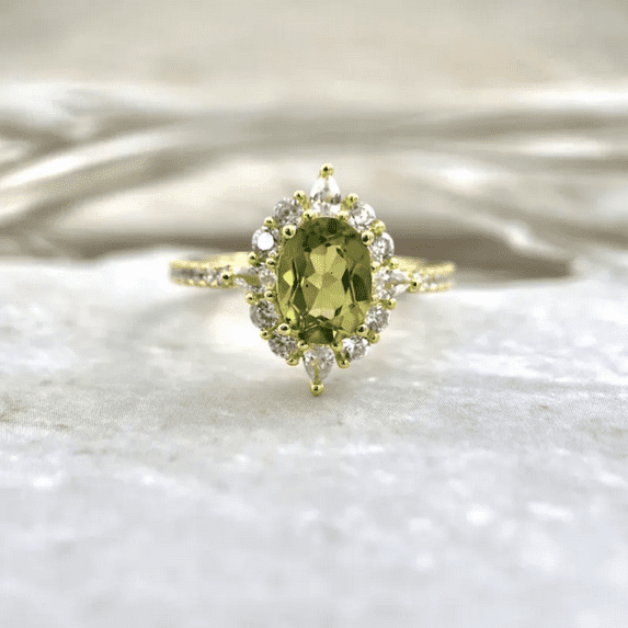 Vintage Oval Cut Peridot & Diamond Halo Engagement Ring in 14k Yellow Gold Vermeil - August Birthstone