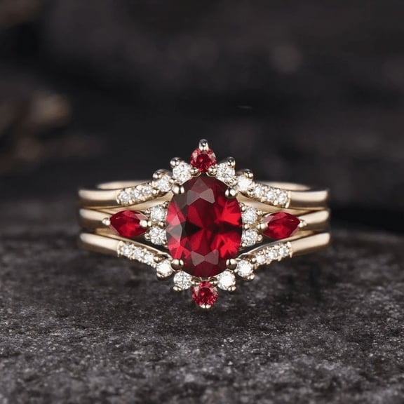 Vintage Oval Cut Ruby & Diamond Wedding Ring Set in 14k Yellow Gold Vermeil - Unique Proposal Ring - July Birthstone