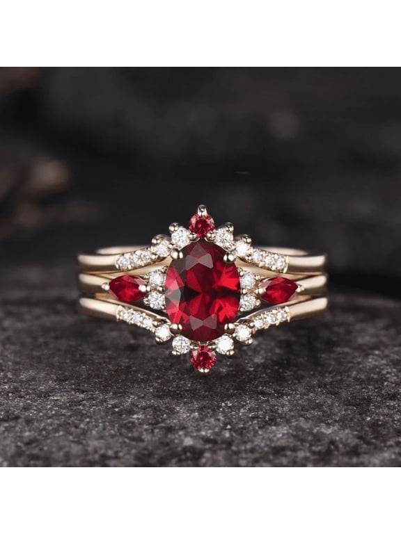 Vintage Oval Cut Ruby & Diamond Wedding Ring Set in 14k Yellow Gold Vermeil - Unique Proposal Ring - July Birthstone