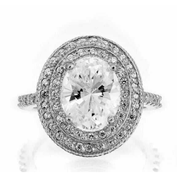Vintage Oval Double Halo Cubic Zirconia Engagement Ring In Sterling Silver
