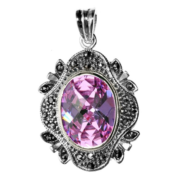 Vintage Oval Frame Pendant Simulated Lavender .925 Sterling Silver Leaf Charm Jewelry Female Male