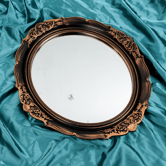 Vintage Oval Mirror Decorative Tray, European Carved Distressed Gold Mirror, 14.6 x 13 in, Aesthetic Room Decor, Photography Prop, Portable Vanity Accent for Bedroom, Entryway