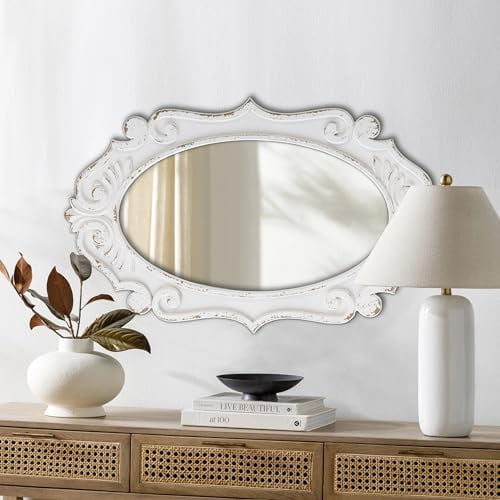 Vintage Oval Mirrors for Wall Decor 20 X 31 Inch, Distressed White Carved Wood Entryway Mirror, Handmade Decorative Ornate Wall Mirror for Bathroom Living Room, Horizontal or Vertical