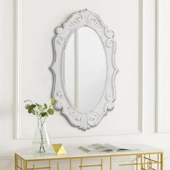 Vintage Oval Decorative Ornate Wall Mirror 20 X 31 inch, Handmade Distressed White Carved Wood
