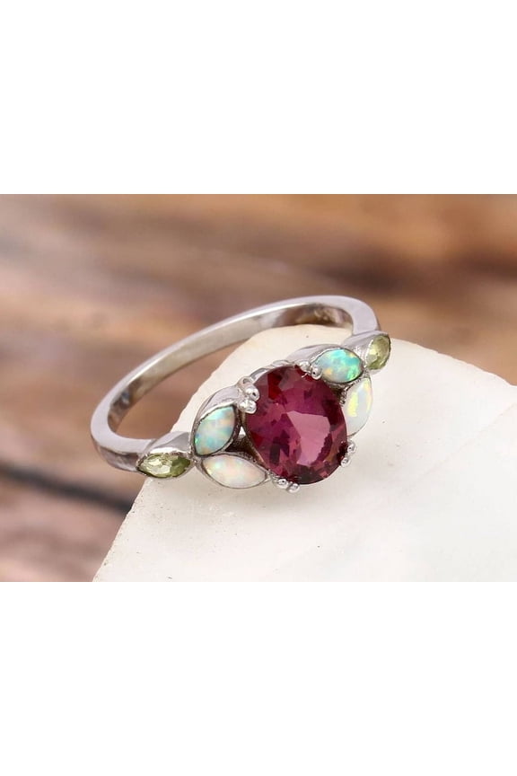 Vintage Oval Red Tourmaline Opal Engagement Ring 925 Silver Marquise Peridot Ring Art Deco Nature Inspired Ring Birthstone Ring for Womens.