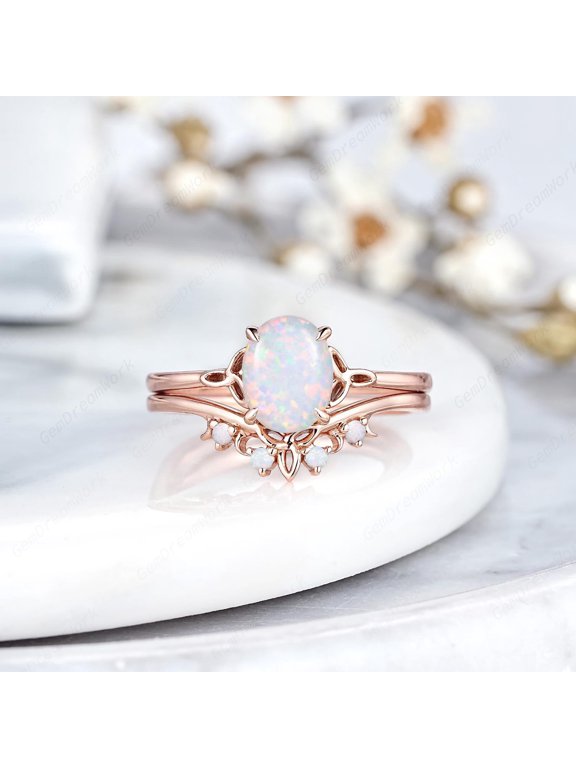 Oval Cut Fire White Opal Engagement Ring Set Solitaire Celtic Knot Wedding Ring Women Anniversary Rings Gifts Fire Opal Promise Ring