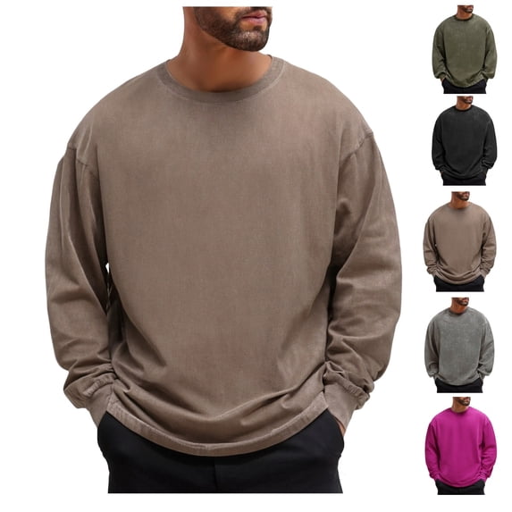 Vintage Oversized Crew Neck Sweatshirt for Men Long Sleeve Shirt Basic Solid Color Tee Acid Wash Shirt Pullover Top
