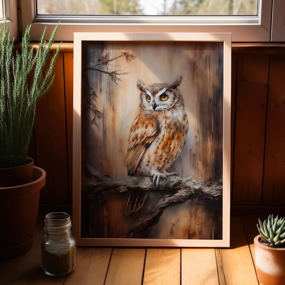 Vintage Owl Branch Wall Art Rustic Bird Decor, Unframed Canvas Size 12x18
