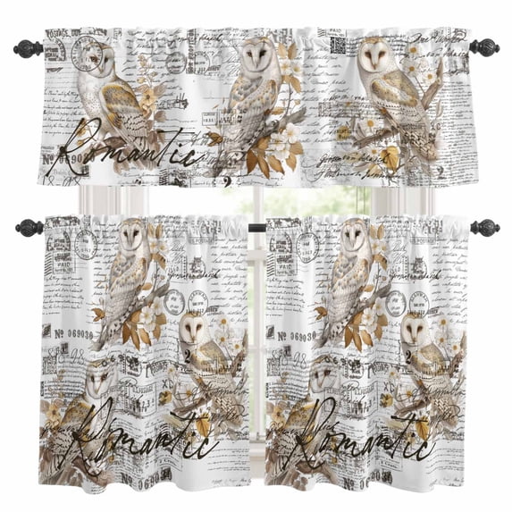 Vintage Owl Kitchen Curtains Sets for Windows 24 Inch Length, Rustic Sping Floral Botanical Postmark Rod Pocket Window Treatments Tier Curtains and Valances Set for Bedroom/Bathroom