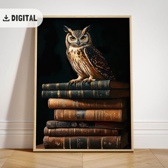 Vintage Owl , Old Books, Dark Academia Home Decor, Cottagecore Wall Art, Retro Bookish Antique Library Bookworm Art Unframed Paper Print