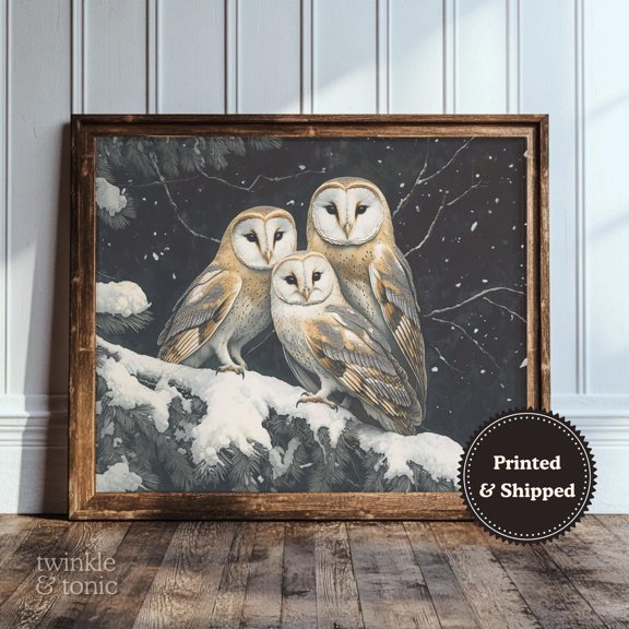 Vintage Owl Snowy Winter Wildlife Decor Wall Art