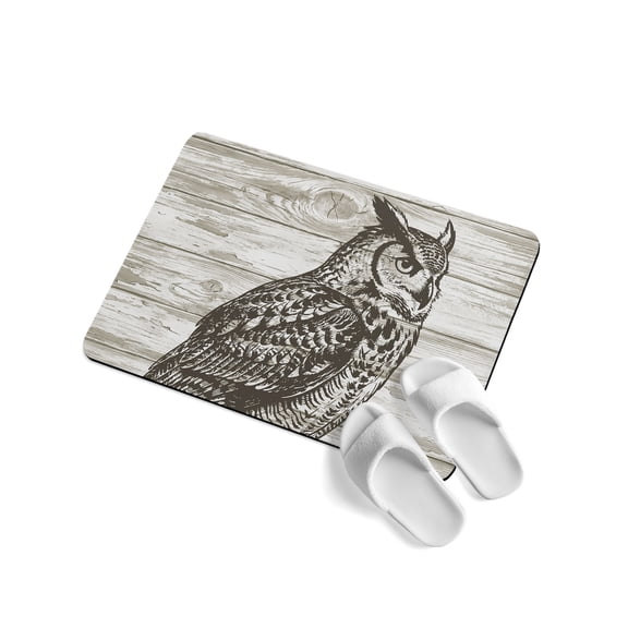 Vintage Owl Soft Diatomaceous Earth Mat, Animal Countryside Retro Wood Grain Absorbent Bath Mat Non Slip Rubber Backed Quick Dry Doormat Fit Under Door for Bathroom Kitchen 20"x32"