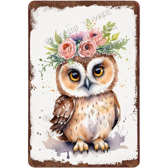 Vintage Owl Watercolor Metal Tin Sign, Floral Crown Bird Wall Decor, Aluminum, 8 x 12 Inches, Rustic Farmhouse Woodland Animal Decor