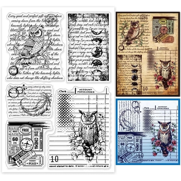 Vintage Owls Words Background Clear Stamps for Cards Making Retro Owls Ticket Background Silicone Clear Stamp Seals DIY Scrapbooking Journal Decor