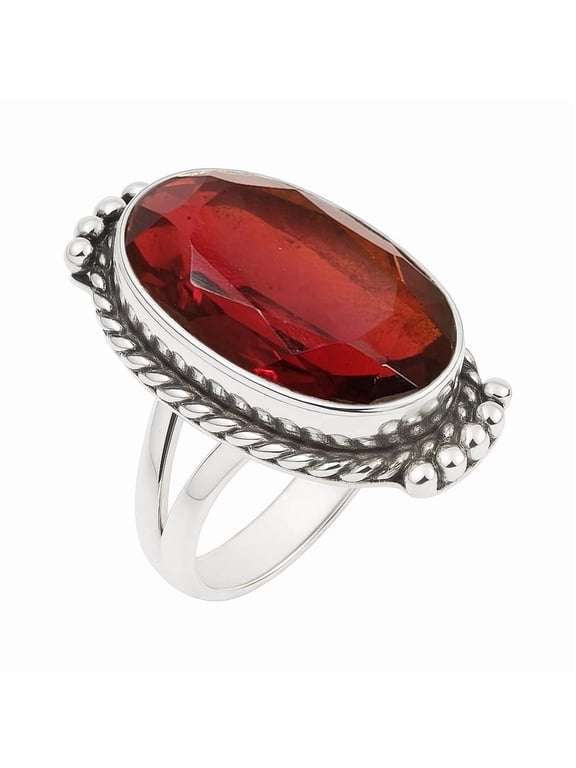 Vintage Oxidized Garnet Ring for Women Oval Cut Gemstone 925 Sterling Silver Ring Handmade January Birthstone Ring Size US 8