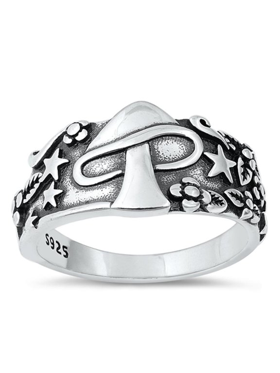 Vintage Oxidized Mushroom Ring .925 Sterling Silver Band Jewelry Female Male Unisex Size 10