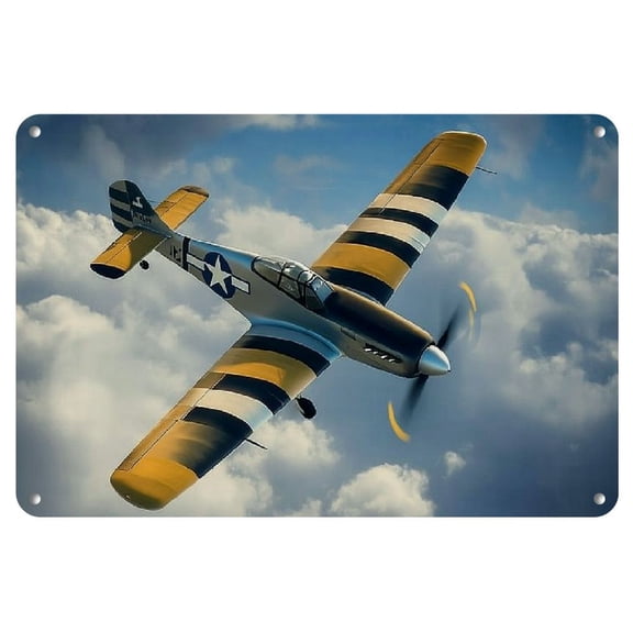 Vintage P-51 Fighter Plane Metal Wall Art - 8x12 Inch Rustic Auminum Sign, WWII American Aircraft Replica, Durable Home Decor with Weathered Look