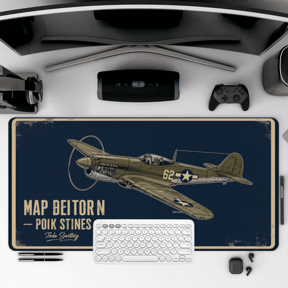 Vintage P-51 Mustang Fighter Plane Mouse Pad 35.4 x 15.8 inches Rubber Desk Mat with Retro Aviation Design for Office and Gaming