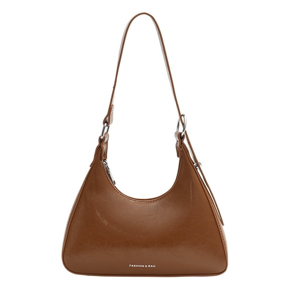 Vintage PU Crescent Bag for Women, Metal Ring Detail & Adjustable Strap, Zipper Closure Shoulder Underarm Bag for Daily Use (10.0" x 4.9" x 2.4", 0.46 lb)