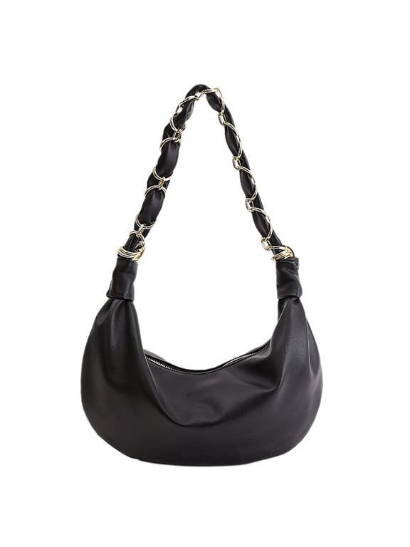 Vintage PU Dumpling Bag for Women, Metal Chain Strap, Zipper Closure & Large Capacity, Shoulder Handheld Underarm Commuter Bag (14.2" x 7.5" x 2.8", 0.93 lb)