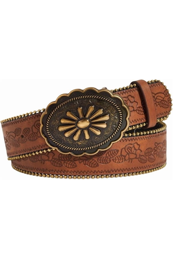 Vintage PU Imitation Leather Belts with Alloy Oval Flower Claps Waist Belt for Women Bronze Sienna 1230x38mm for DIY
