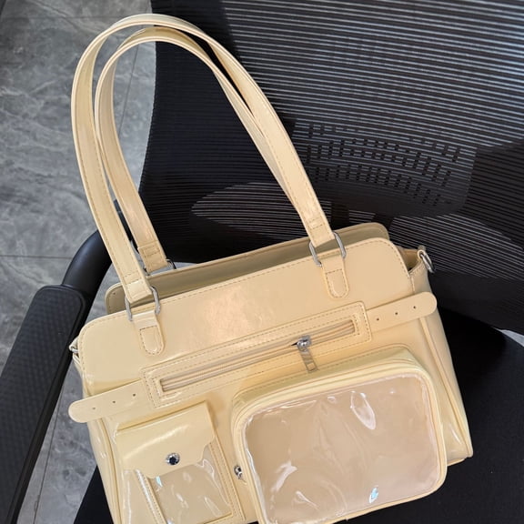 Vintage PU Ita Bag for Women, Clear Display Window, Adjustable Strap, Magnetic Snap Closure & Large Capacity, Shoulder Handheld Crossbody Commuter Bag (13.4" x 7.9" x 3.9", ~1.76 lb)