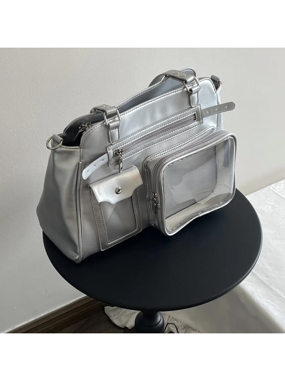 Vintage PU Ita Bag for Women, Clear Display Window, Adjustable Strap, Magnetic Snap Closure & Large Capacity, Shoulder Handheld Crossbody Commuter Bag (13.4" x 7.9" x 3.9", ~1.76 lb)