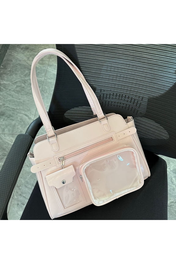 Vintage PU Ita Bag for Women, Clear Display Window, Adjustable Strap, Magnetic Snap Closure & Large Capacity, Shoulder Handheld Crossbody Commuter Bag (13.4" x 7.9" x 3.9", ~1.76 lb)