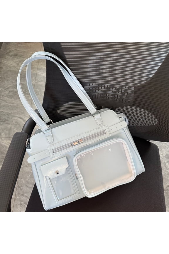 Vintage PU Ita Bag for Women, Clear Display Window, Adjustable Strap, Magnetic Snap Closure & Large Capacity, Shoulder Handheld Crossbody Commuter Bag (13.4" x 7.9" x 3.9", ~1.76 lb)