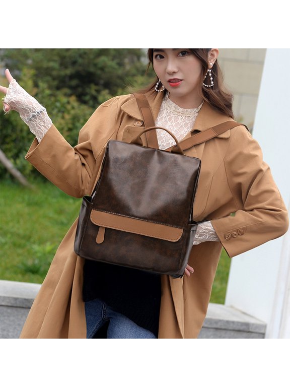 Vintage PU Leather Backpack, Coffee Brown, casual daypack with classic texture, for work, school, travel, commuting and everyday carry