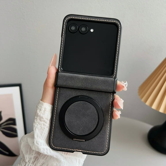 Vintage PU Leather Case for Motorola Razr 2024 / Motorola Razr 60, with Hinge Protection, Rotating Magnetic Ring Kickstand, Slim Drop-Proof Hard PC Phone Cover, Classic Style Protective Case, Black
