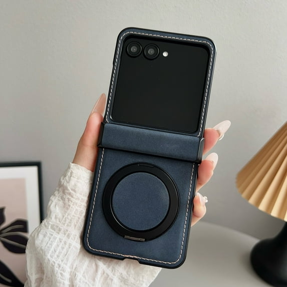 Vintage PU Leather Case for Motorola Razr 60 Ultra/Razr Ultra 2025, with Hinge Protection, Rotating Magnetic Ring Kickstand, Slim Drop-Proof Hard PC Phone Cover, Classic Style Protective Case, Blue