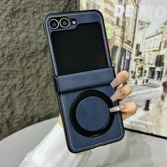 Vintage PU Leather Case for Samsung Galaxy Z Flip 7, with Hinge Protection, Rotating Magnetic Ring Kickstand, Slim Drop-Proof Hard PC Phone Cover, Classic Style Protective Case, Blue
