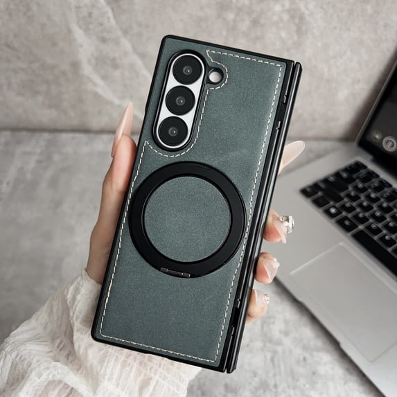 Vintage PU Leather Case for Samsung Galaxy Z Fold 6, with Hinge Protection, Rotating Magnetic Ring Kickstand, Slim Drop-Proof Hard PC Phone Cover, Classic Style Protective Case, Green