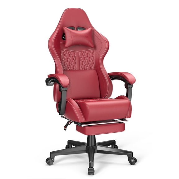 Vintage PU Leather Gaming Chair with Massage, Ergonomic High Back Office Chair, Reclining Computer Chair with Footrest for Adults, Racing Style Video Game Chair, Bright Red