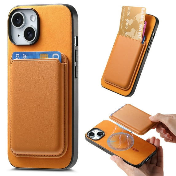 Vintage PU Leather Magnetic Back Case Cover for iPhone 13, Detachable Card Slot Portable Design Magsafe Anti-drop Shockproof 2 In 1 Phone Case Cover for iPhone 13, Yellow