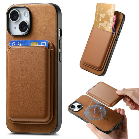 Vintage PU Leather Magnetic Back Case Cover for iPhone 13, Detachable Card Slot Portable Design Magsafe Anti-drop Shockproof 2 In 1 Phone Case Cover for iPhone 13, Brown