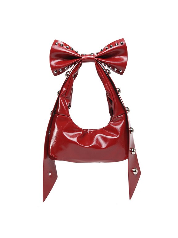 Vintage PU Leather Rivet Bow Tote Bag Underarm Handheld Shoulder Crossbody Bag Fashion Sweet Women Purse Unique Handbags Cute Tote Bags Crossbody Bags for Women in Black