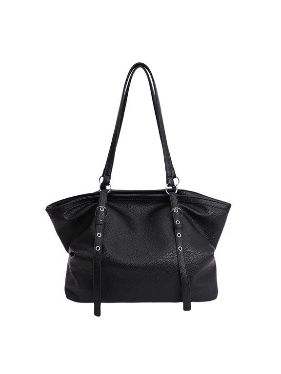 Vintage PU Tote Bag for Women, Double Buckle & Metal Ring Detail, Zipper Closure & Reinforced Base, Large Capacity Shoulder Handheld Commuter Bag (14.2" x 9.8" x 5.1", 0.68 lb)