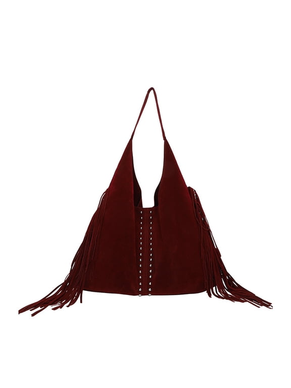 Vintage PU Tote Bag for Women, Fringe & Rivet Detail, Magnetic Snap Closure, Large Capacity, Shoulder Handheld Underarm Commuter Bag (16.9" x 11.4" x 3.9", 0.73 lb)