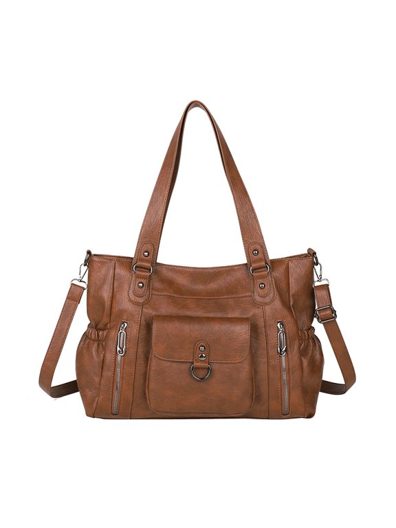 Vintage PU Tote Bag for Women, Large Capacity, Zipper Closure, Adjustable Strap & Multi-Pocket Design, Shoulder Crossbody Commuter Bag (15.0" x 10.6" x 6.3", 1.48 lb)