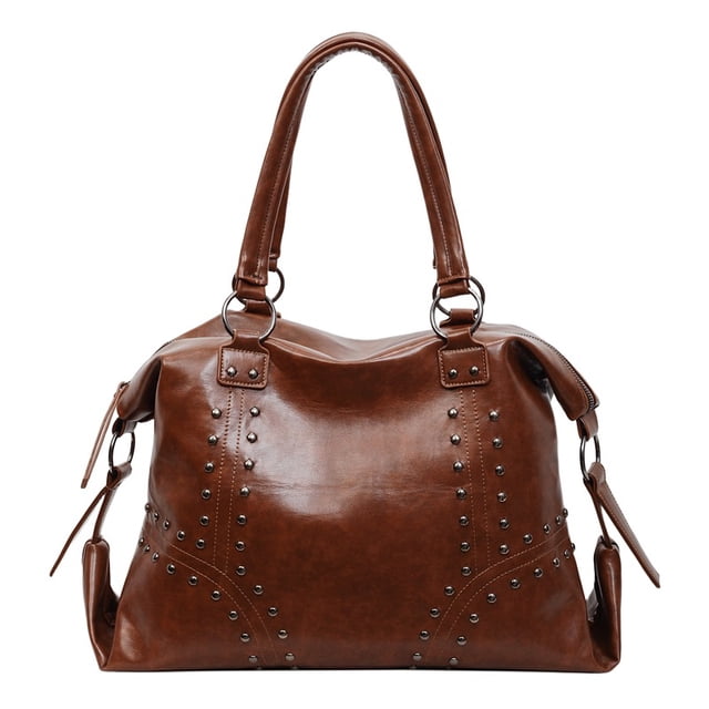 Metal Rvits Vintage PU Tote Bag for Women, Rivet Detail & Metal Ring Accent, Large ...